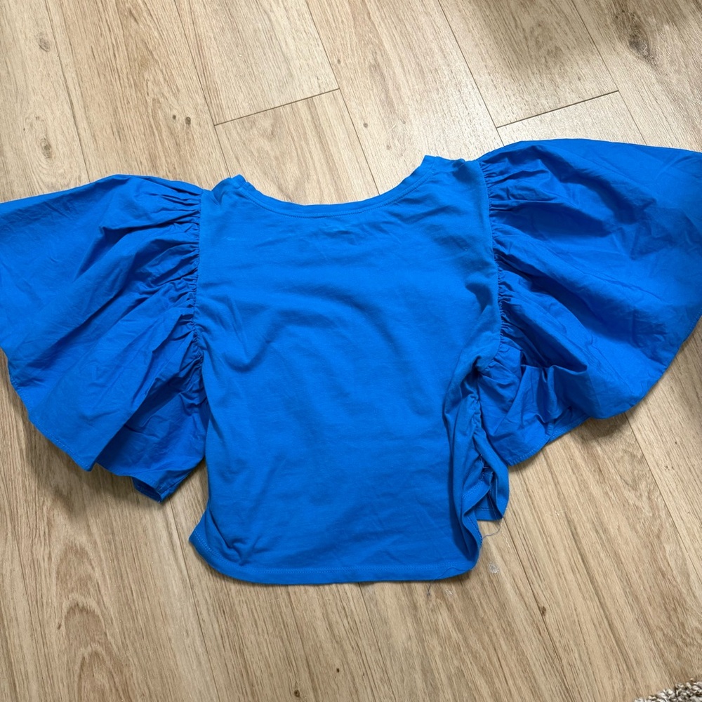 Zara Blue Flutter Sleeve Ruffled Blouse - Picture 3 of 3